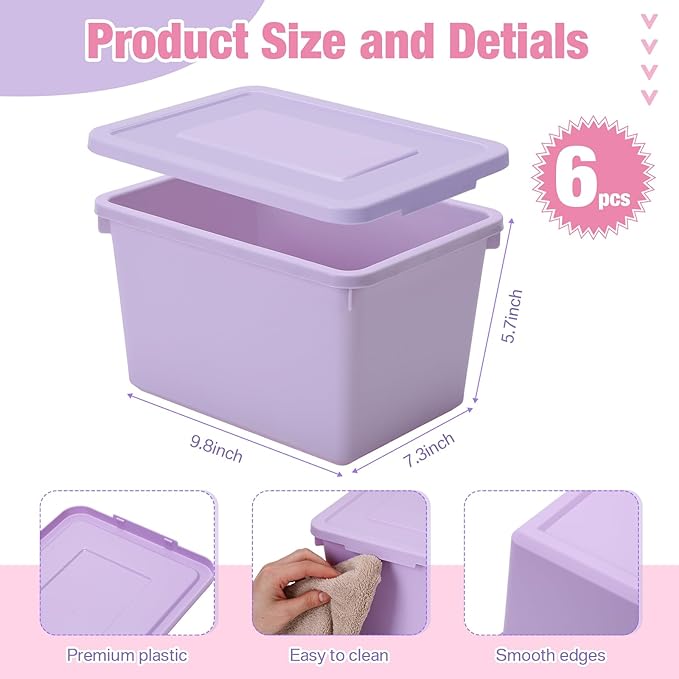 Potchen 6 Pack Cute Plastic Storage Bins with Lids Decorative Stackable Storage Boxes 9.8 ×7.3 ×5.7 Small Storing Totes for Organizing Craft Office Supplies (PinkPurple)