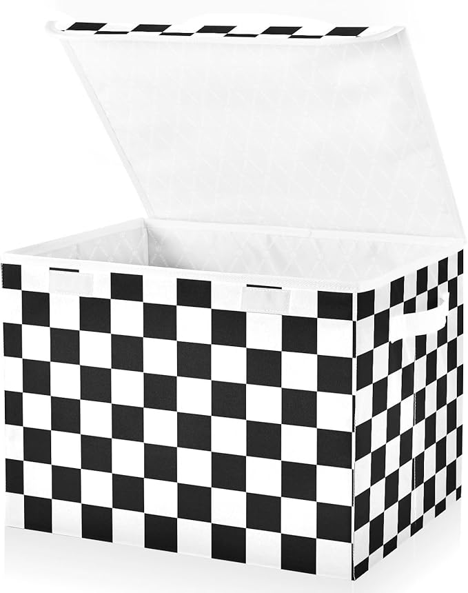 Collapsible Storage Bins with Lids Decorative Fabric Storage Cubes Closet Organizer and Storage Basket Boxes Containers for Clothes Box Chest Nursery Folding Rectangle Black White Checkered