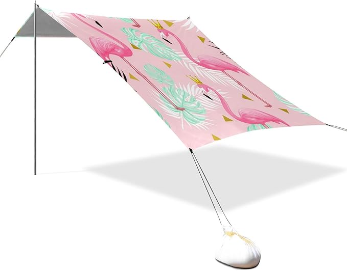 Beach Canopy with Windproof Ropes &amp Sandbags Beach Tent Sun Shade Sun Shelter for Camping Trips Fishing Backyard Fun or Picnics Flamingos