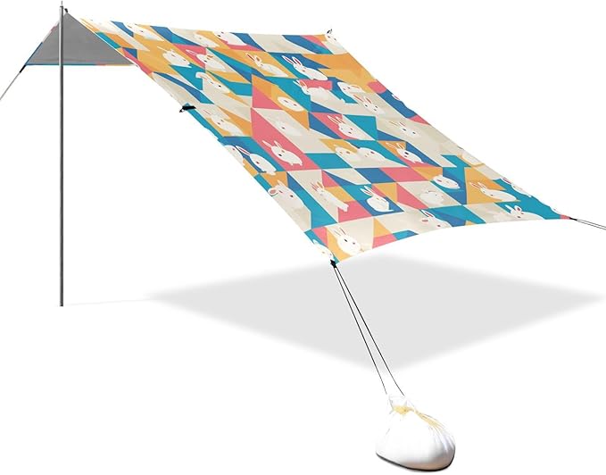 Pattern Rabbit Foldable Beach Tent UPF50+ Protection Waterproof Large Portable Sun Shelter with Carrying Bag for Backyard and Camping