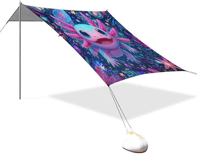 ALAZA Salamander Cute Axolotl Beach Tent Sun Shelter UPF50+ Protection Beach Shade Canopy w/ 4 Sandbags for Outdoor Camping Fishing Backyard Fun Picnic 10x9 ft