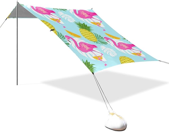Beach Canopy with Windproof Ropes &amp Sandbags Beach Tent Sun Shade Sun Shelter for Camping Trips Fishing Backyard Fun or Picnics Flamingos