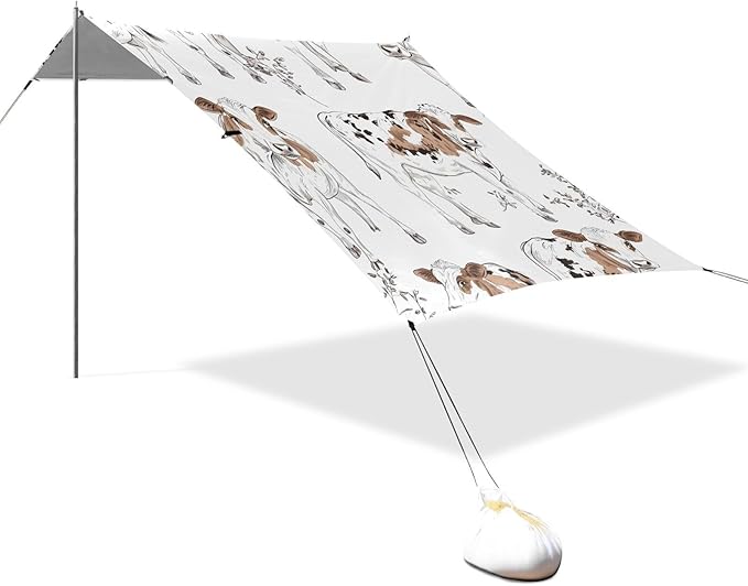 Cow Foldable Beach Tent UPF50+ Waterproof Portable Sun Shelter with Sandbags Sand Shovel Poles for Camping Trips Fishing Backyard Fun or Picnics