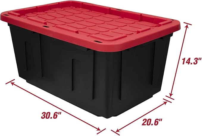 27 Gallon Large Storage Bin with Snap Lid Black and Red Heavy Duty Plastic Stackable 30.6x20.6x14.3 Inches Set of 4 (27 Gallon 6)