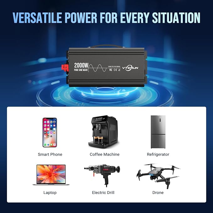 2000W Pure Sine Wave Inverter 12V DC to 110-120V AC Efficient Energy Converter for Home RV Use with APP Wireless Remote Control with USB C Ports