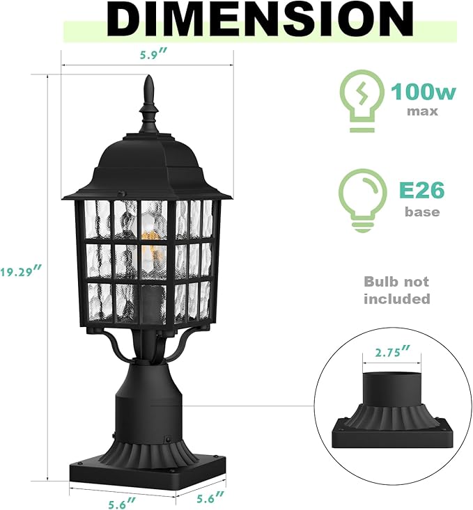 Outdoor Post Light 2-Pack Exterior Lamp Post Light Fixture with Pier Mount Base Exterior Pole Lantern Light Black with Water Ripple Glass