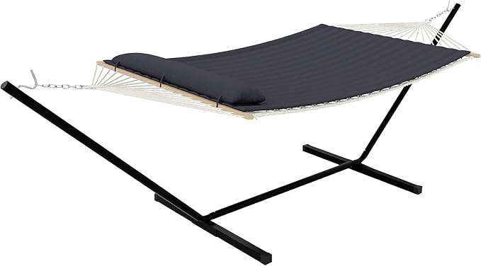 Adventure-Ready Double Hammock with Stand – 2 Person Heavys Duty 475 Lbs Capacity Breathable Cotton Rope &amp Quilted Pad for Camping Backyard or Indoors (Dark Gray)