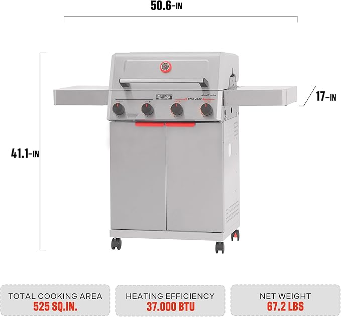 Monument Grills 4 Burner Stainless Steel Propane Gas Grill Mesa 2 500°F in 5 Mins 525 sq.in 37000 BTU Broil Zone Foldable Side Shelves Knob Control Built in Thermometer with Trash Can &amp R