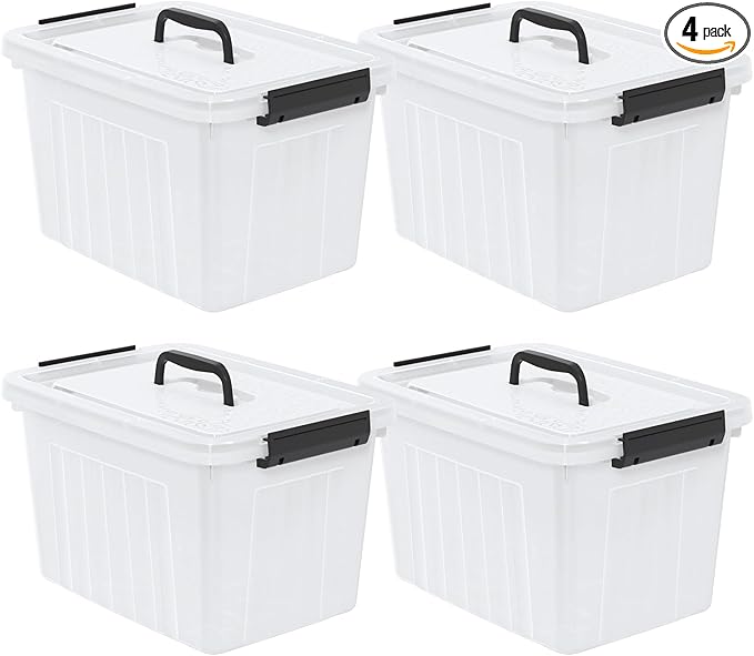 4-Pack 18L Clear Plastic Storage Boxes Bins Containers with Lids and Handles Medium 15.35 x 11.1 x 9.25 Inches BPA Free