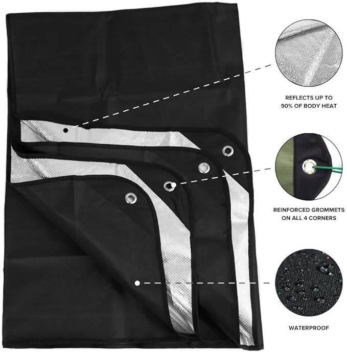 Arcturus Insulated Tarp Reusable Heavy Duty Thermal Survival Blanket – 60x82in Reflects 90% Body Heat Waterproof Windproof 3-Layer Design Reinforced Grommets Black