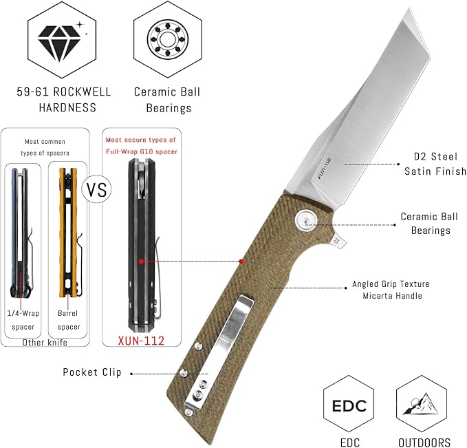 XUN112-GMS Folding KnifeMicarta with Clip3.55 Inch D2 Steel Satin Tanto Plain Edge BladeEDC with Flipper OpenEveryday Carry Pocket Knife for Men/Women