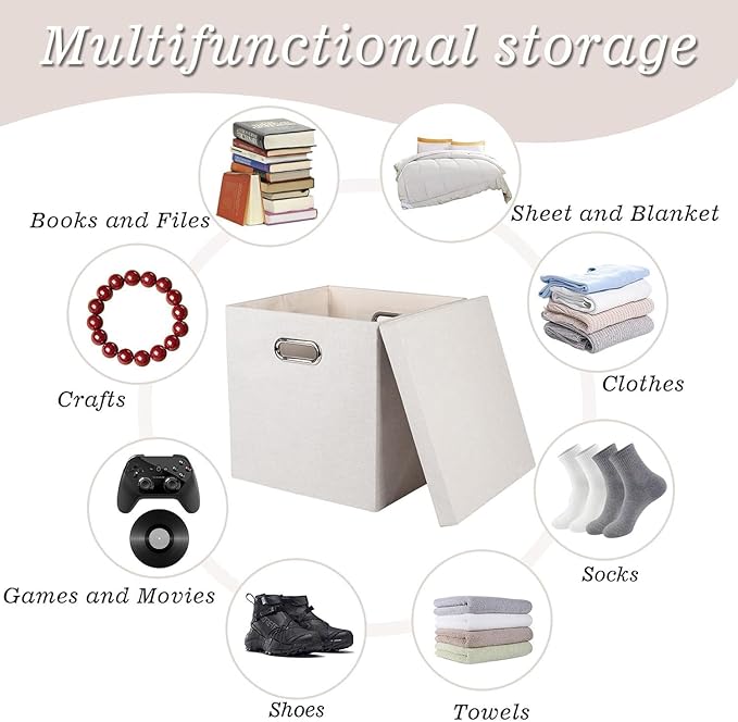 Storage Bins with Lids Collapsible Linen Fabric Boxes Organizer Containers with Lid Foldable Storage Box Basket for Closet Shelves Home Office 12 x 12 x 12.4 Inch 4 Pack Beige