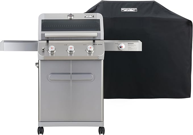 Monument Grills Outdoor Barbecue Stainless Steel 3 Burner Propane Gas Grill 48000 BTU Patio Garden Grill with Side Burner and Knob Controls Mesa305 with BBQ Cover