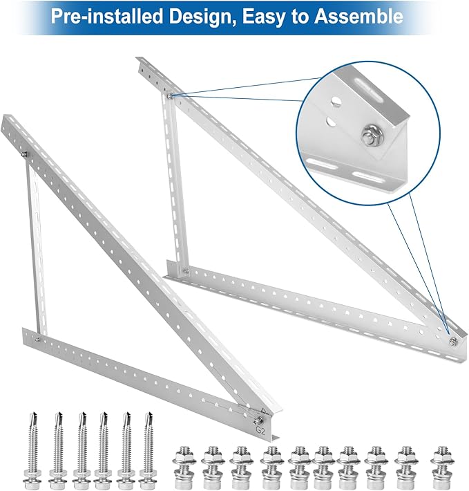 GENORTH 2 Sets 45'' Solar Panel Mount Brackets for 100-400 Watt Solar Panelwith Foldable Tilt Legs and Reinforced Cross BarsSuitable for RV Roof Boat Off-Grid etc.
