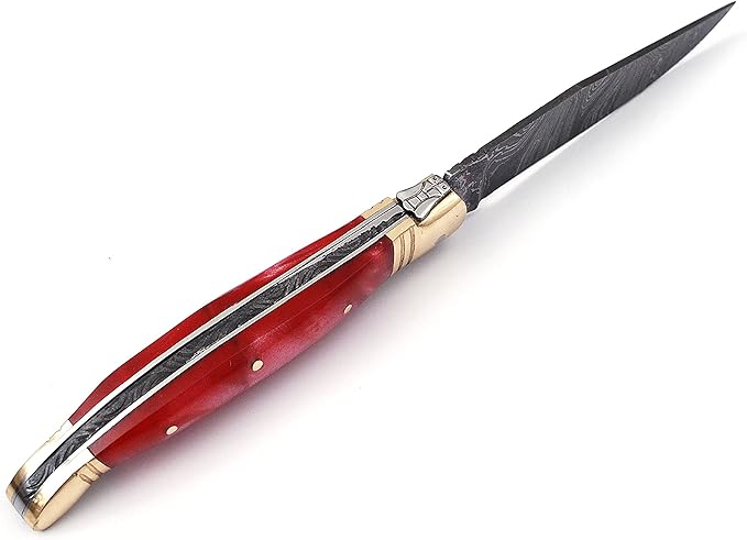 Damascus steel blade Laguiole style Folding knife by Damascus depot 8.5 Long with 4 hand forged custom twist pattern Blade. unshrinkable Resin scale exotic color with brass bolster and Pommel. Cow