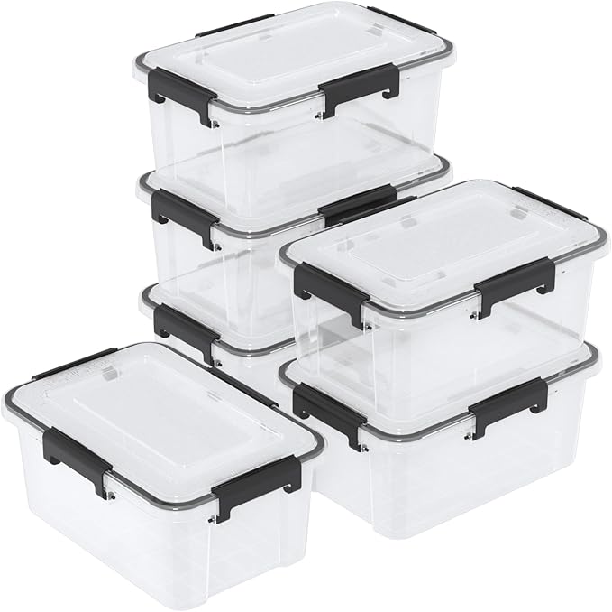 6-Pack 12 Qt Plastic Storage Box with Gasket Seal Lid Durable Moving Containers with Tight Latch Weather Proof Tote Bin Clear/Black