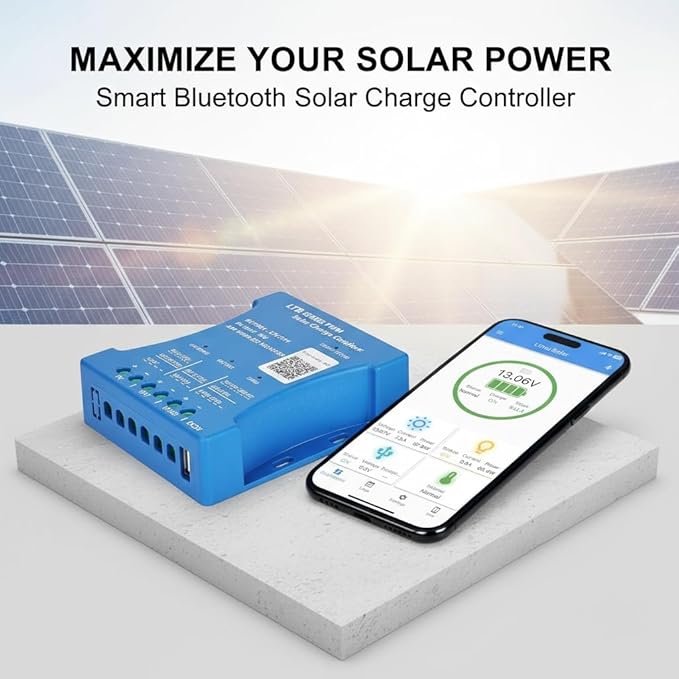 20A Bluetooth Solar Charger Controller 12V/24V Intelligent Regulator Solar Panel Battery Charging Statistics Pwm with USB Port 12V24V Lead-Acid/Lithium Battery