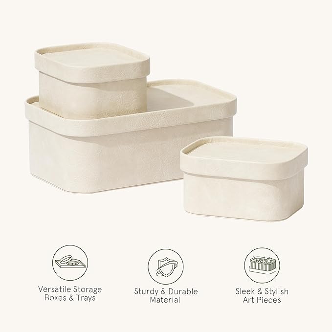 La Jolie Maison Vegan Leather Storage Boxes with Lids Set of 3 Decorative Storage Containers Organize Stackable Storage Box Beige