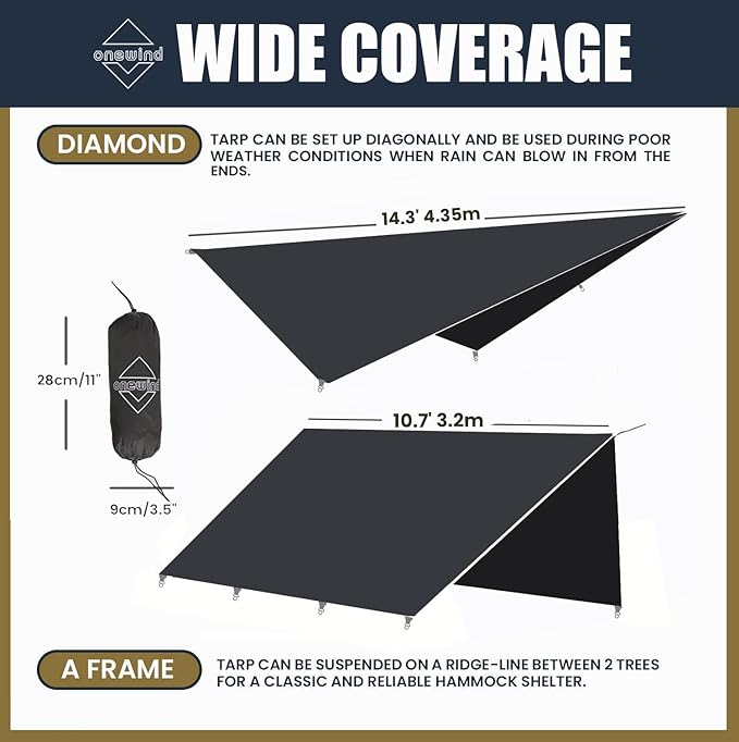 Onewind 11×10 ft Hammock Tarp Lightweight Silnylon Hammock Rain Fly 4000mm Waterproof 4-Season Multiple Shelter Solution Camping Tarp Tent with Complete Accessories Dark Grey