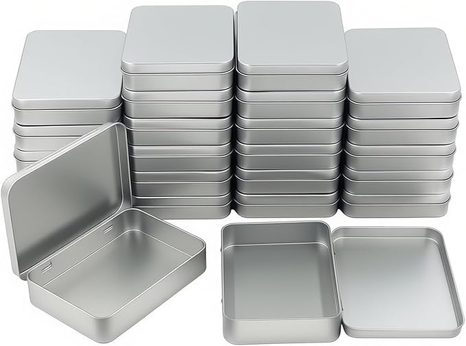 Goodma 24 Pieces Rectangular Metal Empty Hinged Tins Containers Basic Necessities Home Storage Organizer Mini Box Set 4.5 x 3.3 x 0.9 inch (Silver)