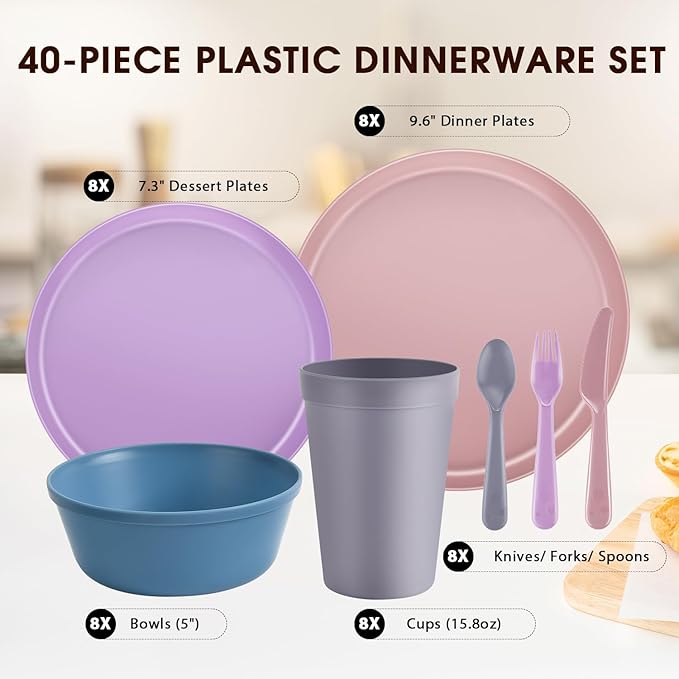 40 Piece Plastic Dinnerware Set for 8 with Cutlery Unbreakable Plates and Bowls Set Dishwasher &amp Microwave Safe Reusable Dish Set for Camping RV Outdoor Kitchen Apartment DiningPastel Multic