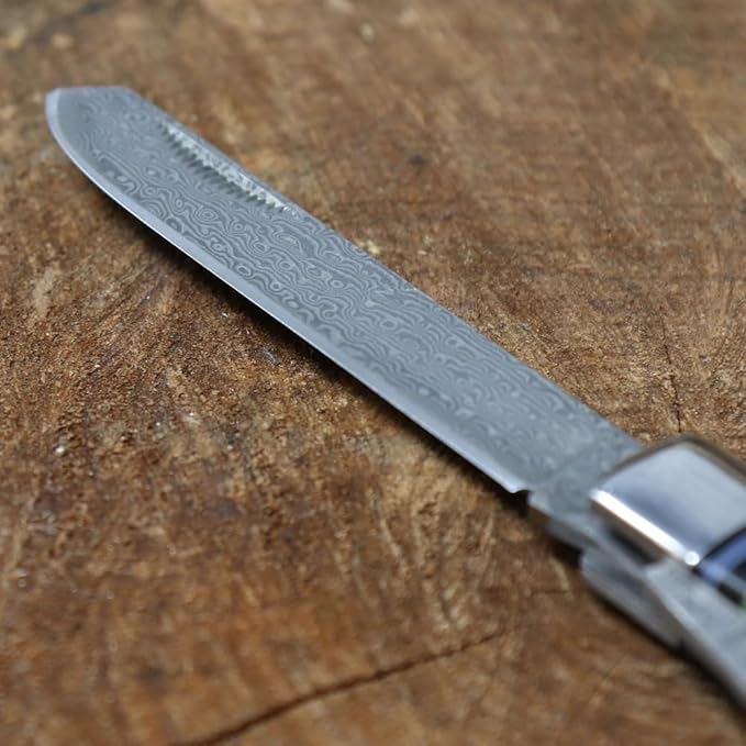 WHISKEY BENT HAT CO. Traditional Trapper Folding Pocket Knife 4.125 Closed Length 440C Stainless Steel Blades (Bandito - Damascus Blades)