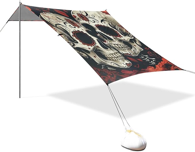 ALAZA The Day of Dead Halloween Skull and Skeleton Beach Tent Sun Shelter Portable Canopy Sunshade for Outdoor Camping Picnics Backyard Fun 10x9 ft