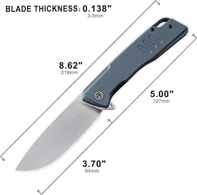 Petrified fish PFB02 Loco Pocket Knife 3.70 D2 Satin Blade Camping Knife 5.29oz G10 Handle Flipper Liner lock Folding knife for EDC (Blue Satin)
