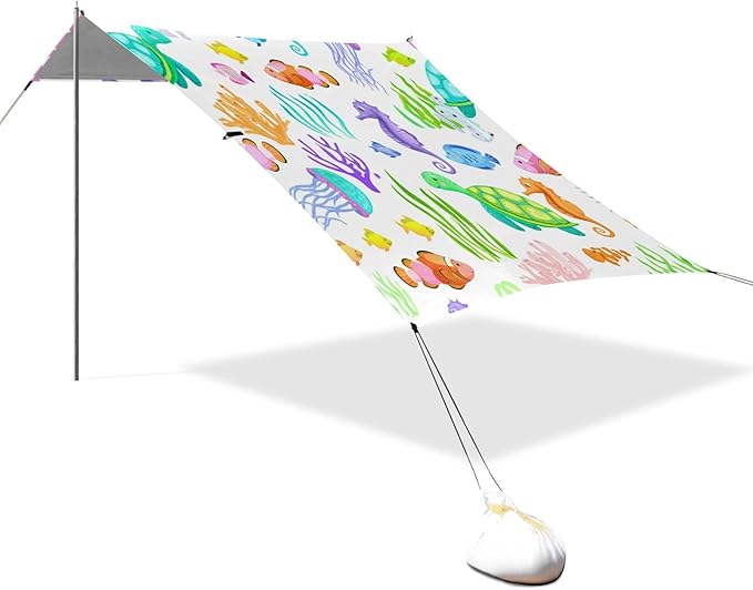 xigua Cute Turtles Beach Tent Sun Shelter with Carrying Bag - Silver Coated Oxford Fabric Beach Canopy for Beach Camping Fishing - Includes Windproof Ropes Sandbags &amp Stakes