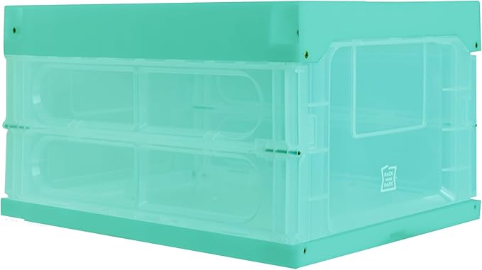 Collapsible Storage Container Stackable Plastic Box with Lid Transparent. (Turquoise)