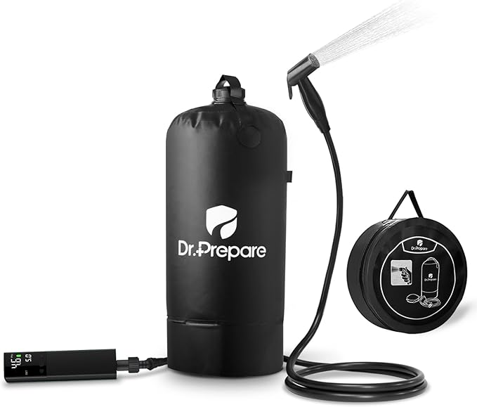 DR.PREPARE Portable Shower for Camping 4 Gallons/15L Camping Shower Bag Portable Outdoor Shower with Rechargeable Pump for Camping Beach Hiking Climbing Pet Cleaning