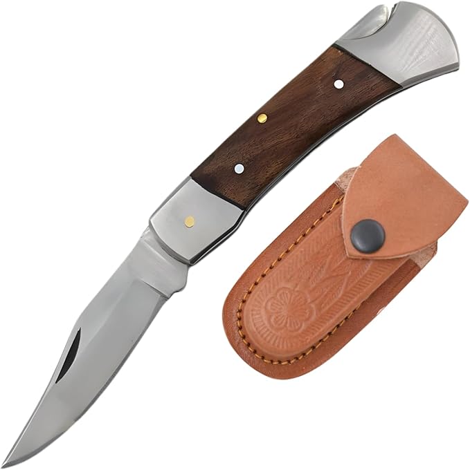 7 Handmade Folding Pocket Knife – 3 440 Stainless Steel Clip Point Blade – Silver Bolster – Genuine Leather Sheath Included (Wood)