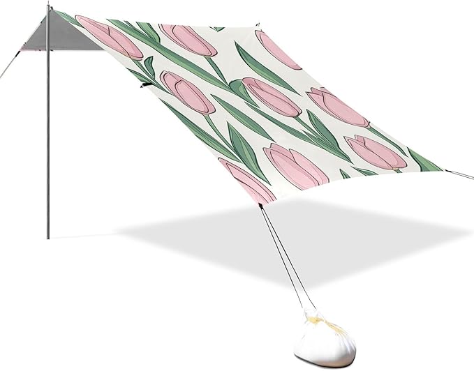 ALAZA Cute Doodle Pink Tulips Romantic Beach Tent Sun Shelter Portable Canopy Sunshade for Outdoor Camping Picnics Backyard Fun 10x9 ft