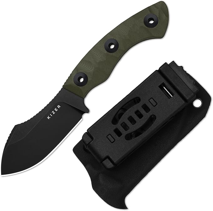 Kizer Rook Fixed Blade Knife 3.11 Nessmuk-style D2 Blade Hunting Knives with Olive Green G10 Handle Bushcraft Knife with Sheath &amp TekLok for Camping Hunting Survival 1090M1