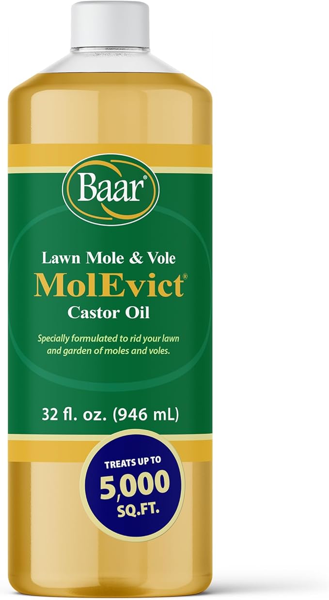 Baar Products - MolEvict Lawn Mole Castor Oil - Mole &amp Vole Repellent - Lawn &amp Garden Protection - Up to 5000 Sq. Ft. of Coverage - Safe for Use Around House &amp Plants - 32 Ounces