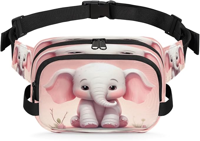 Cute Cartoon Elephant Waterproof Fanny Pack for Women Men Adjustable Waist Bag with Double Zipper Pockets Lightweight Square Hip Pack for Running Travel Hiking Workout Cycling