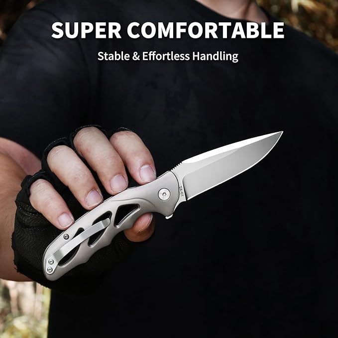 Small EDC Pocket Knife for Men &amp Women - 3 Drop Point D2 Blade Titanium Handle with Button Lock &amp Pocket Clip | Small Slim Cool Folding Knife for Daily Carry Camping Hiking &amp Outdoor Us