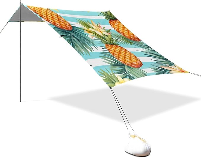ALAZA Pineapples Palm Leaves Flowers on A Striped Beach Tent Sun Shelter Portable Canopy Sunshade for Outdoor Camping Picnics Backyard Fun 10x9 ft