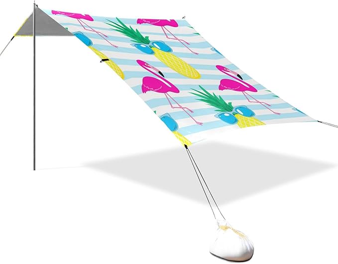 Beach Canopy with Windproof Ropes &amp Sandbags Beach Tent Sun Shade Sun Shelter for Camping Trips Fishing Backyard Fun or Picnics Flamingos