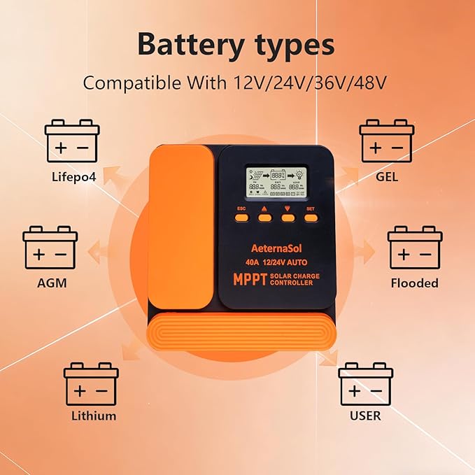 Solar Charge Controller 40A Charge Controllers 12/24V MPPT Solar Charge Controller with Adjustable LCD Timer Dual USB Max Input 100V for LiFePO4/AGM/GEL/FLD Batteries (Orange)