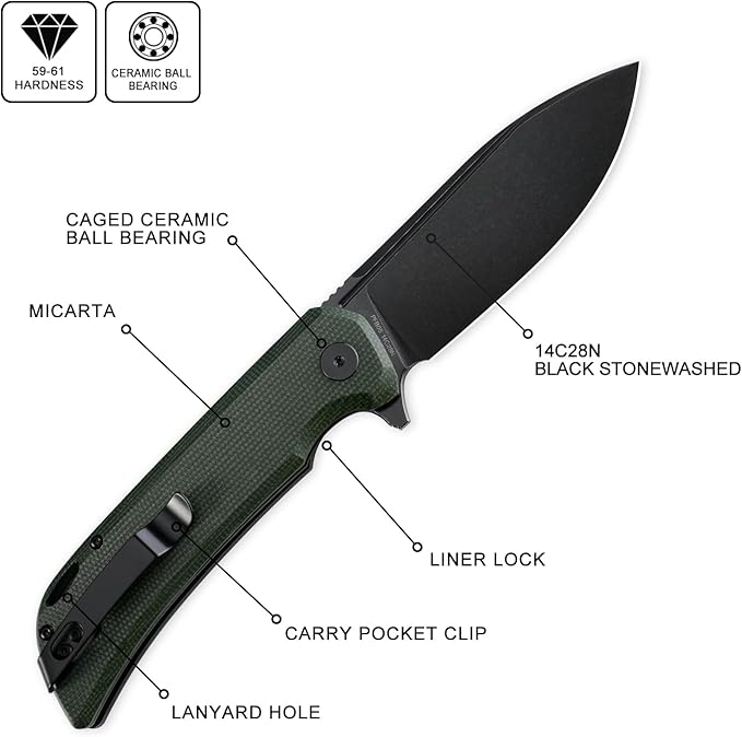 Petrified fish PFB05 Tunny Folding Knife3.86 14C28N Steel Black Stonewashed Blade Micarta Handle Folding knife for EDC Camping Outdoor (Green Stonewashed)