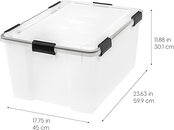 IRIS USA WeatherPro 63 Qt Storage Bins with Lids 4 Pack BPA-Free Plastic Gasket Box with Tight Latch and Seal Stackable Nestable Tote Tub - Clear/Black