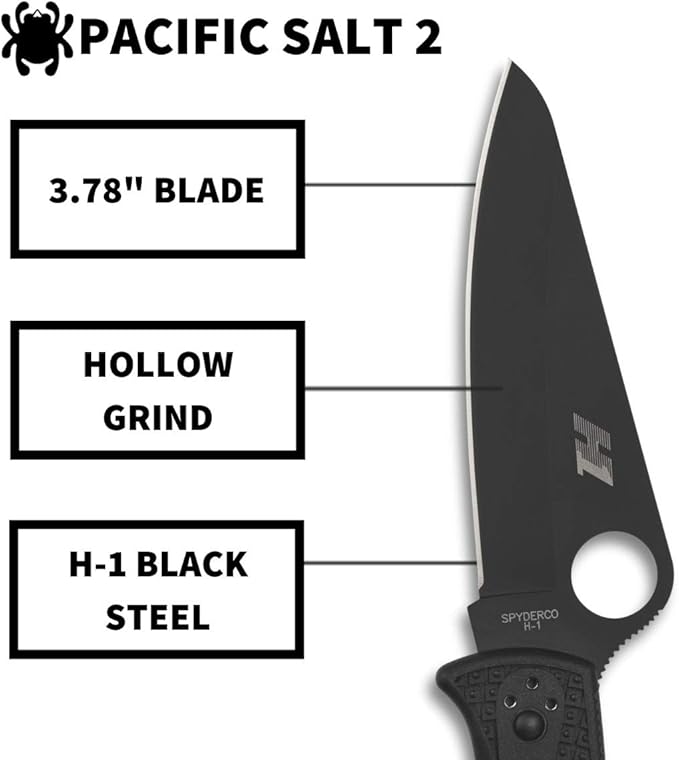 Spyderco Pacific Salt 2 Lightweight Knife with 3.78 Corrosion Resistant H-1 Steel Blade and Black Non-Slip FRN Handle