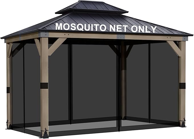 BPS 10' x 12' Gazebo Universal Mosquito Netting Screen Replacement 4-Panel Mesh Screen Walls with Double Zippers for Outdoor Patio Khaki (Mosquito Net Only)