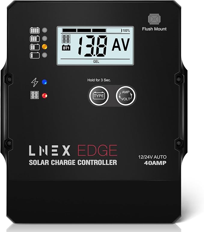 LNEX Solar Charge Controller with Flush Mount Design 6 Stage Charging with LCD Display 12V/24V Auto PWM Controller 40A for LiFePO4 AGM Gel Flooded and Lithium Battery