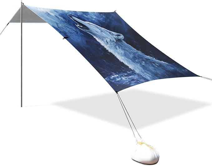 ALAZA Wolf Howling at Night Beach Tent Sun Shelter UPF50+ Protection Beach Shade Canopy w/ 4 Sandbags for Outdoor Camping Fishing Backyard Fun Picnic 10x9 ft