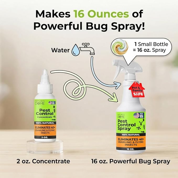 Nature’s Dome Pest Control Concentrate Spray 2 Oz (Pack of 2) | Eco-Friendly Bug &amp Ant Spray – Each Bottle Makes 16 Oz | Bug Spray for Fleas Ticks &amp Mosquitoes | Safe for Pets &amp Kids
