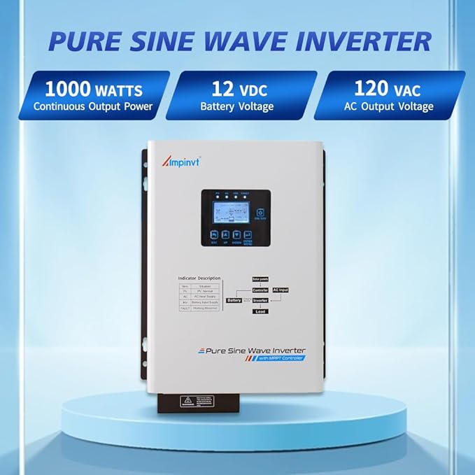 Ampinvt 1000W Low Frequency Pure sine Wave Solar Inverter 12V DC to 120V AC with 30A MPPT Solar Controller &amp 15A Battery AC Charger Compatible with Lifepo4 Battery for Home BackupOff-Grid Livin