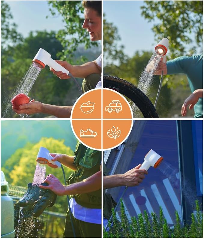 Portable Camping Shower Kit Rechargeable Pump with Carbon Water Purification Digital Display Soft LED Light Folding Bucket for Outdoor Camping Hiking Pet Bath Car Wash