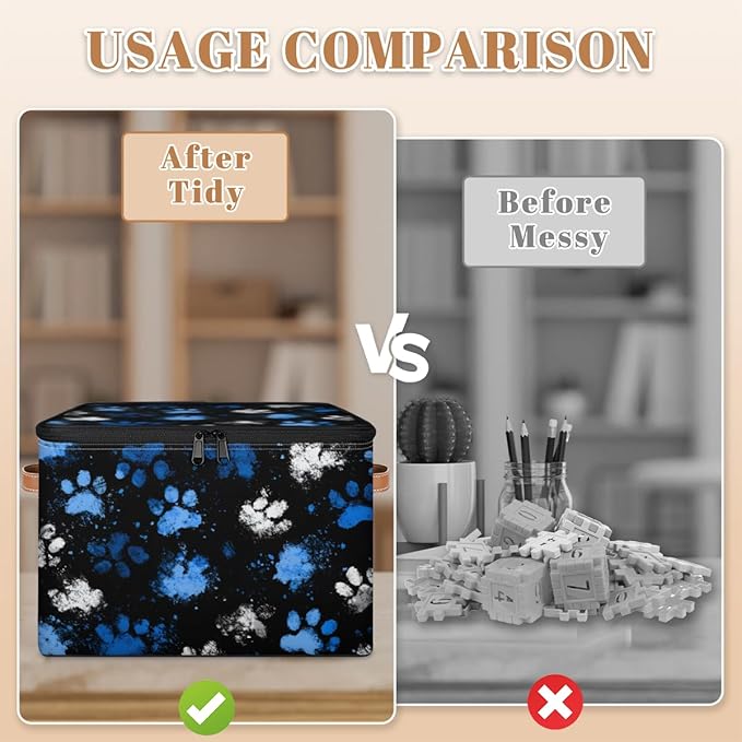 Storage Bin with Lid Paws Prints Stackable Closet Storage Bins Decorative Bedroom Organizer Box Lidded Baskets Living Room Storages Boxes Cube Organizer Cute Container with Handles
